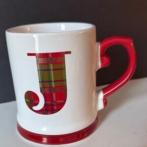 Plaid Initial J Mug with Red Handle Large